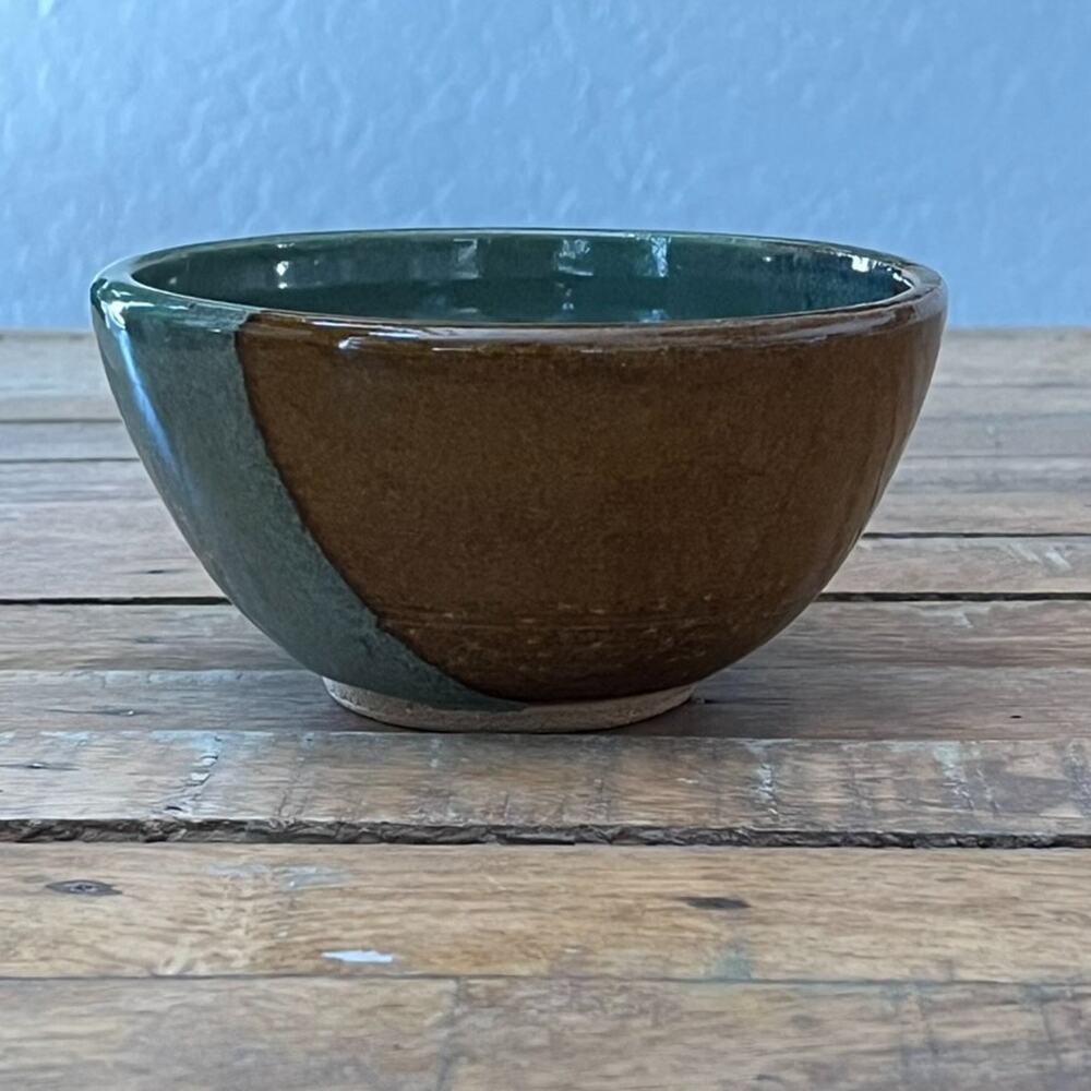 Studio Art Pottery Bowl 5" Stoneware Wheel-Thrown Green Brown Dip Glaze